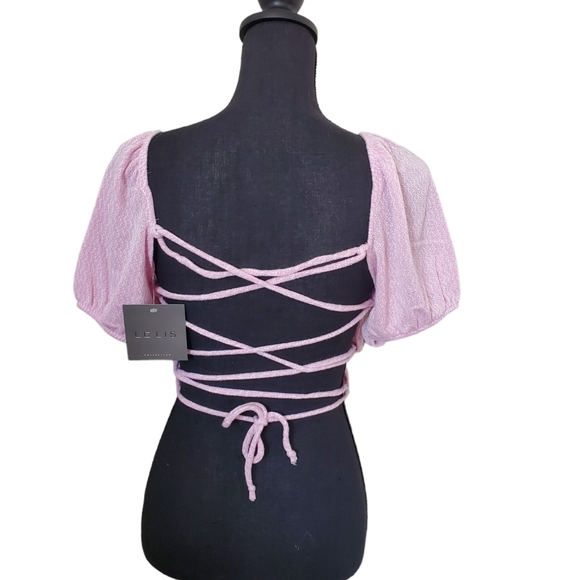 PINK AND WHITE SHORT SLEEVE RUCHED BACK TIE TOP - Picture 6 of 7